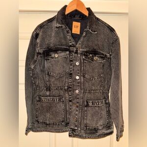Gap Women’s Black Wash Denim Jacket Oversized Cinched Waist, S